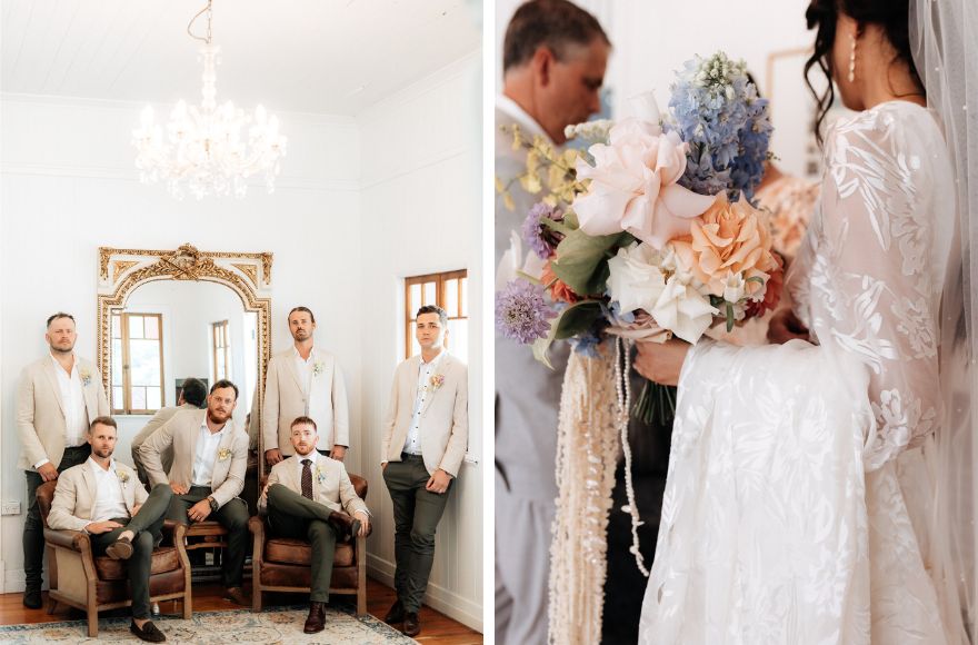 Groomsmen pose by vintage mirror in the farm house. A close up of the bride's colourful bouquet