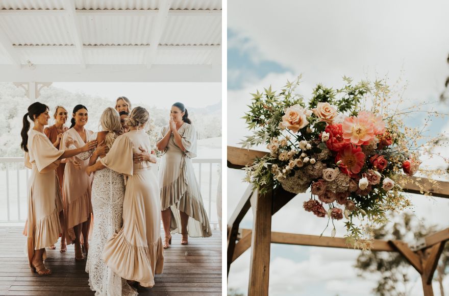 Bridesmaids wore gowns of silk with flowers in shades of peach and earthy tones