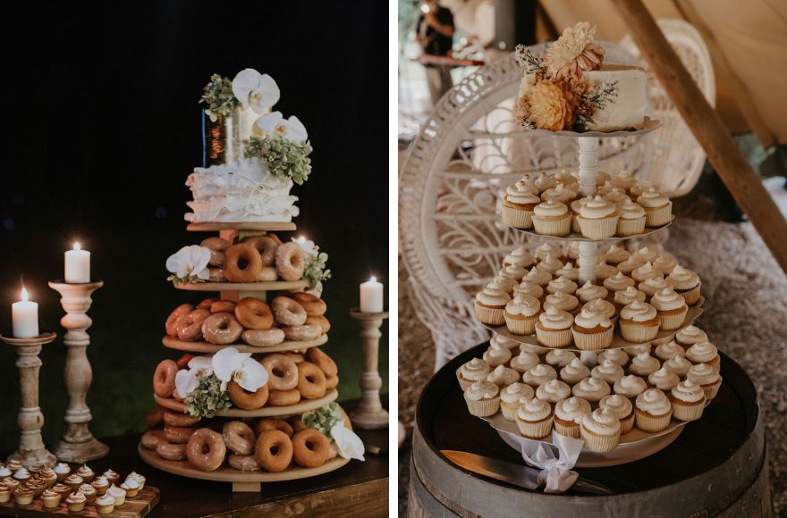 Wedding cakes with extra sweet treats like donuts and cupcakes