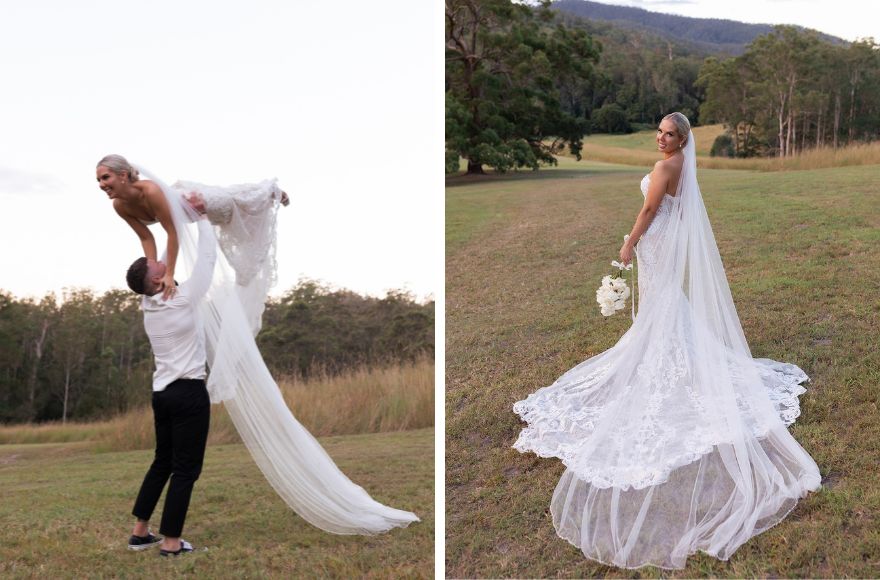 Newlywed bride and groom pose for photos at the farm