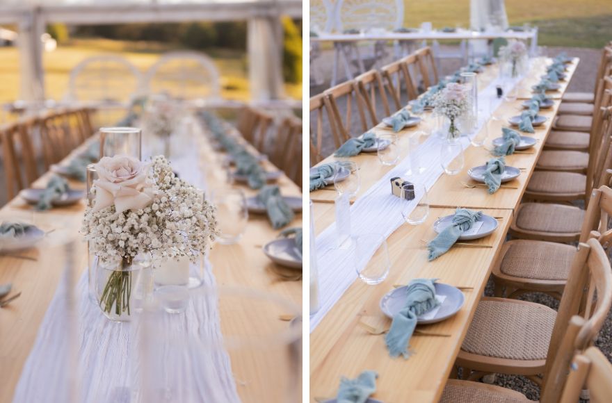 Banquet tables set for a modern wedding reception 