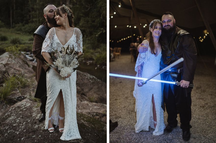 Newly wed couple pose for photos holding star wars light sabers