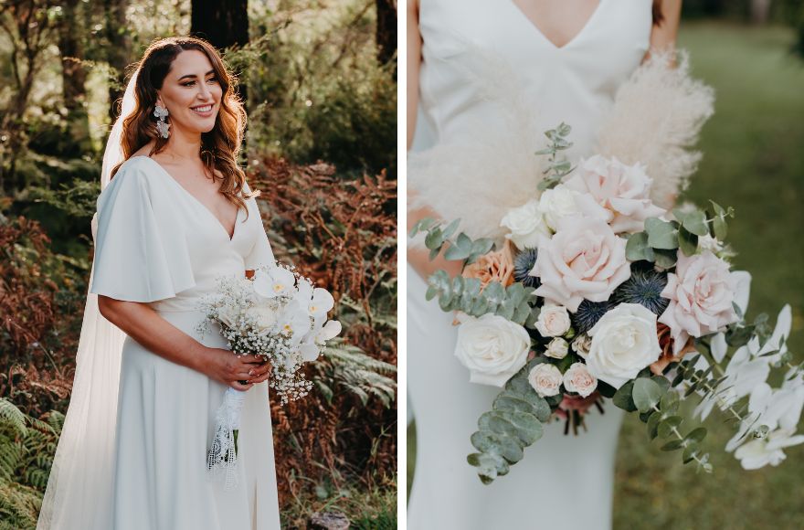 Brides hold white wedding bouquets 
