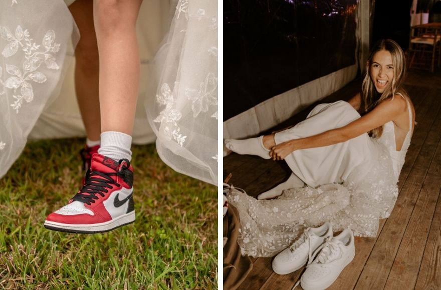 Brides wear sneakers under their gown for a comfortable wedding experience