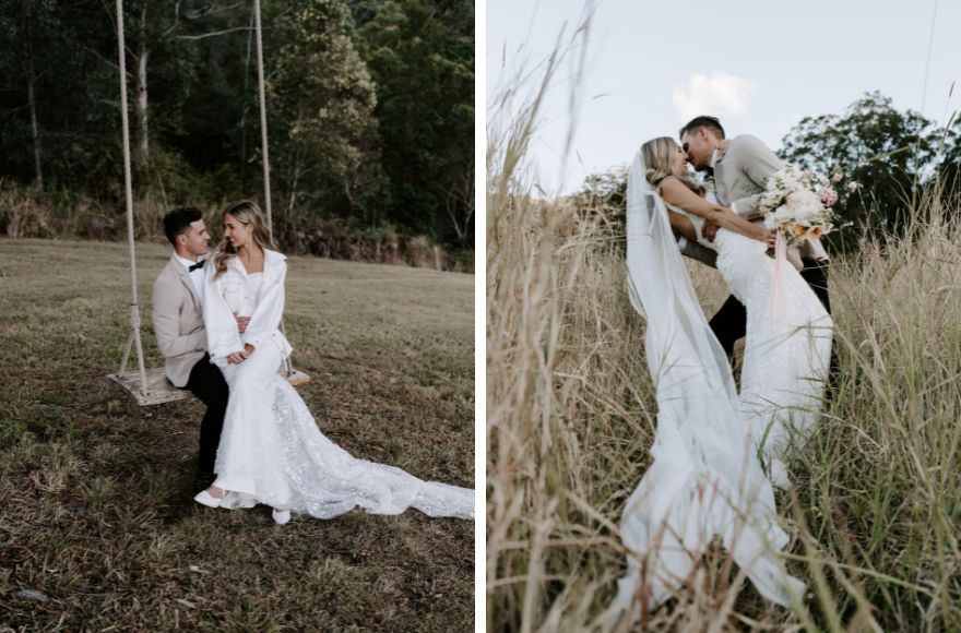 Bride and groom pose for wedding photos on a tree swing and in the long grass at the farm