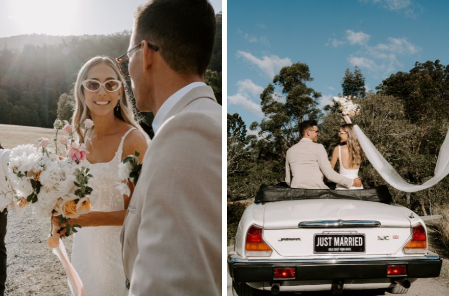 Wedding photo shoot featuring a bride and groom wearing sunglasses and posing in a convertible car