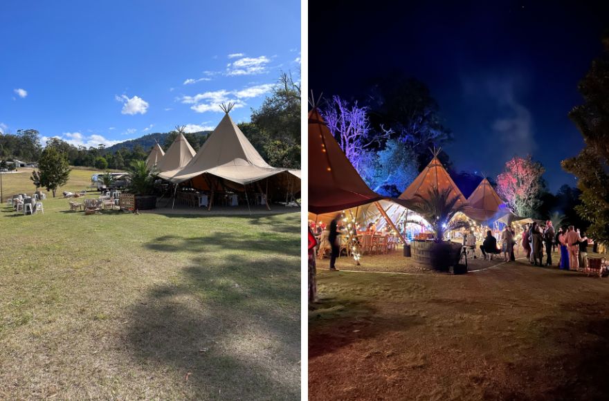 Three celebration tipis set up on the ground of the Gold Coast Farm House Day and Night