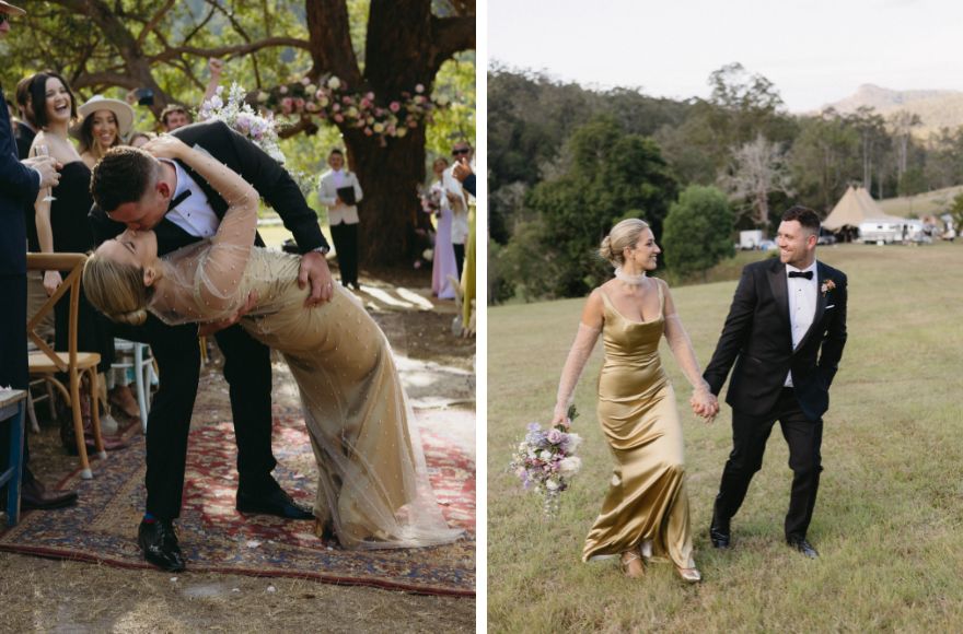 Images of a bride and groom kissing after the ceremony and walking hand in hand