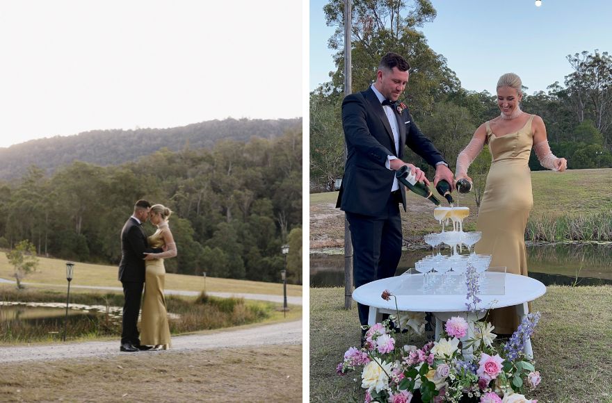 bride and groom celebrate after their wedding ceremony with a champagne tower