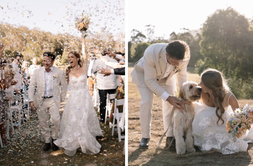 Bride and groom celebrate after their wedding ceremony with their dog. 