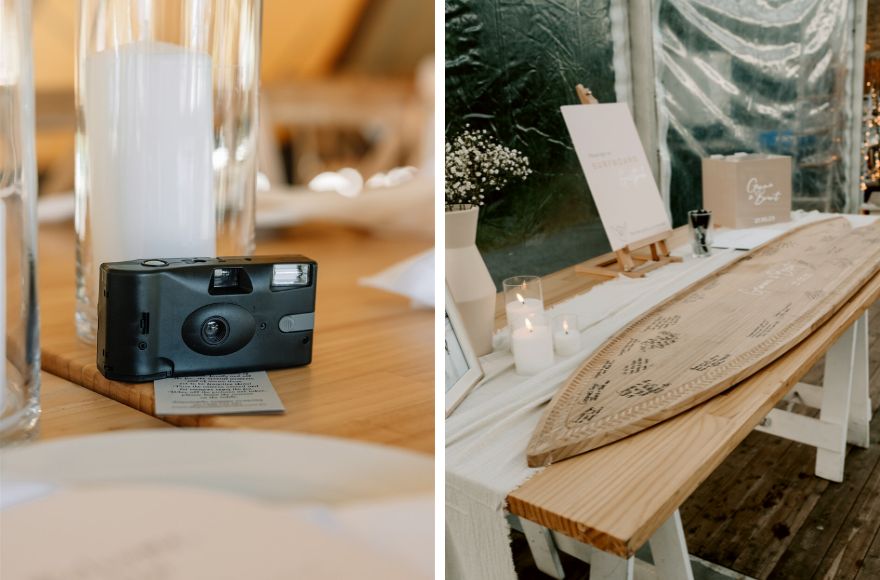 Guest book alternatives - disposable camera and signed surfboard