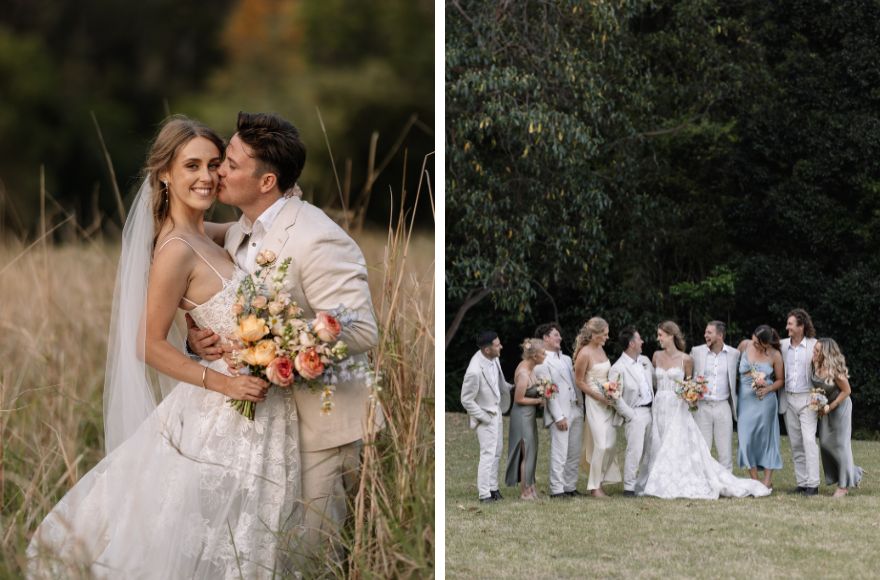Bride and Groom pose for wedding portraits and group photos on the Gold Coast Farm House. 