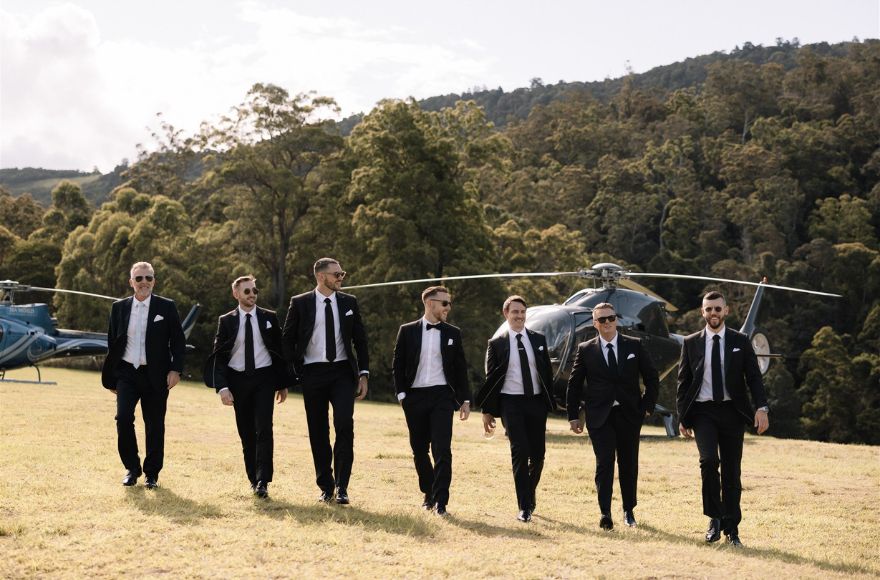 Groom and his wedding party arrive at the Gold Coast Farm House by helicopter