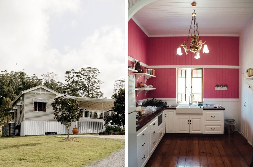 Exterior view of the Gold Coast Farm House. Interior view of the Pink and white kitchen. 