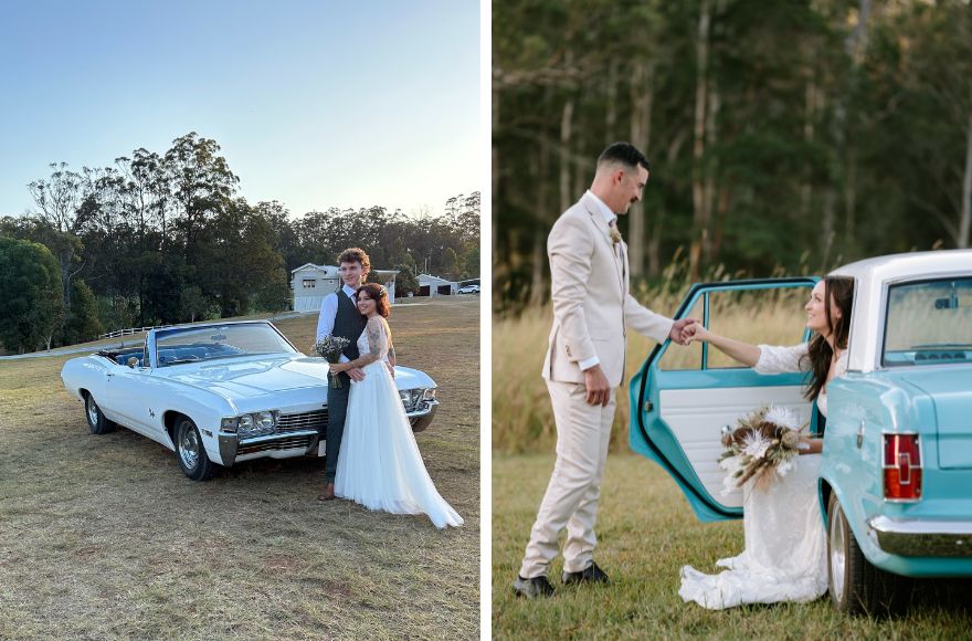 Images of bride and groom standing by vintage style wedding cars