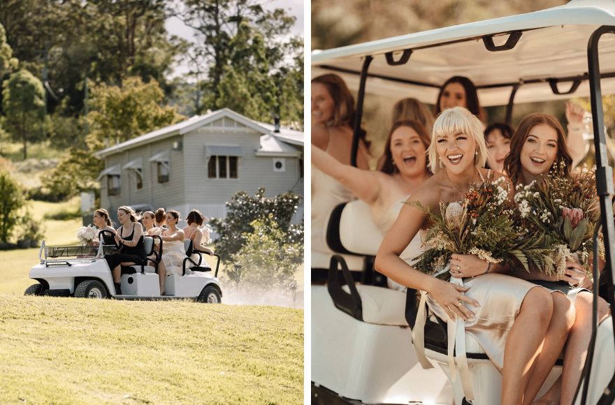 Wedding parties are transported by golf cart on the farm