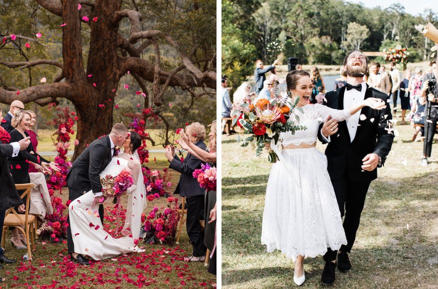 newly couples are showered with fresh flower petals after their wedding ceremonies