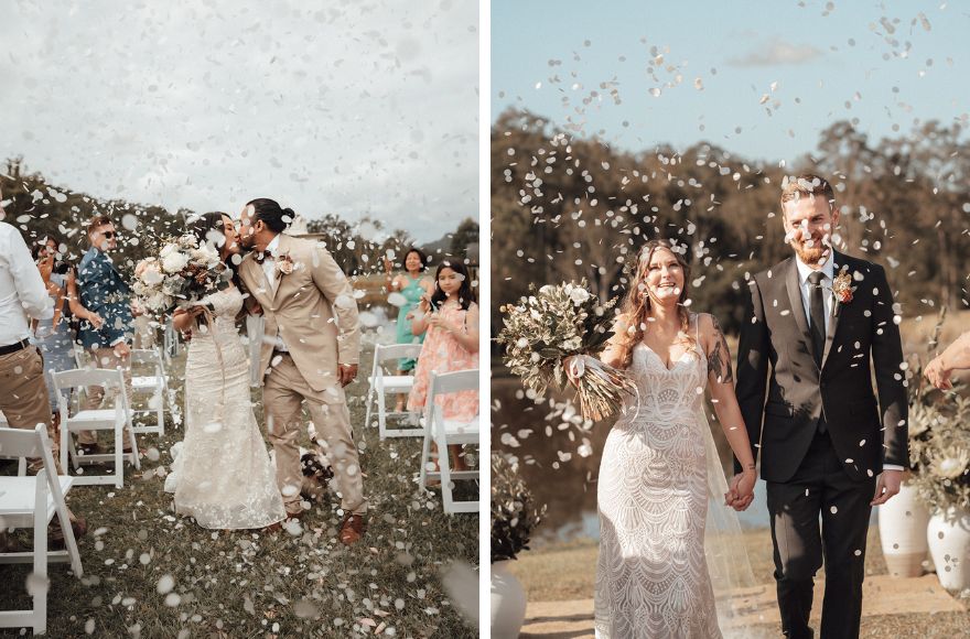 Newlywed couples showered with white confetti after their wedding ceremonies
