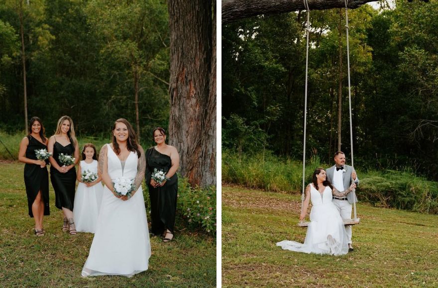 Bridal party poses under a tree at the Farm House