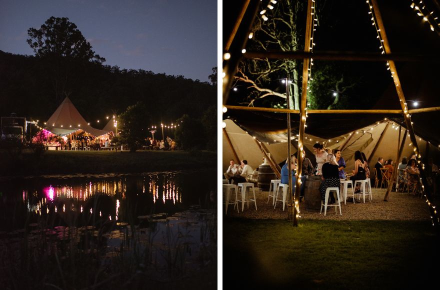 Gold Coast Farm House wedding venue lit up with festoon and fairy lights at night
